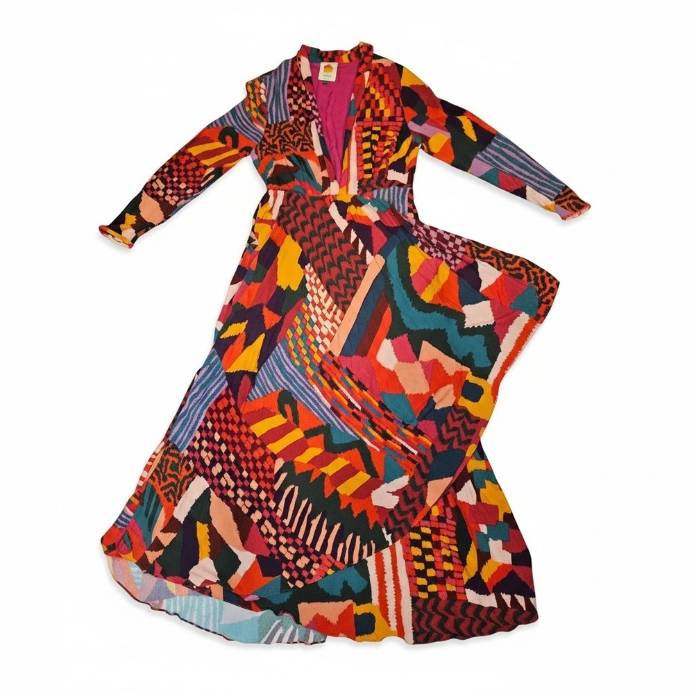 Farm Rio Red Abstract Patchwork Maxi Dress Long Sleeve Wrap Style Size Large - Picture 7 of 15